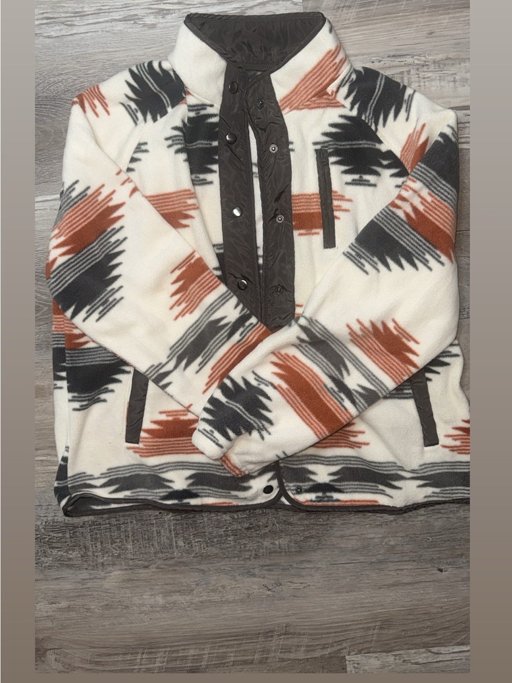 Cozy Aztec Print Snap-Front Fleece Jacket - XL - Cream, Rust & Charcoal